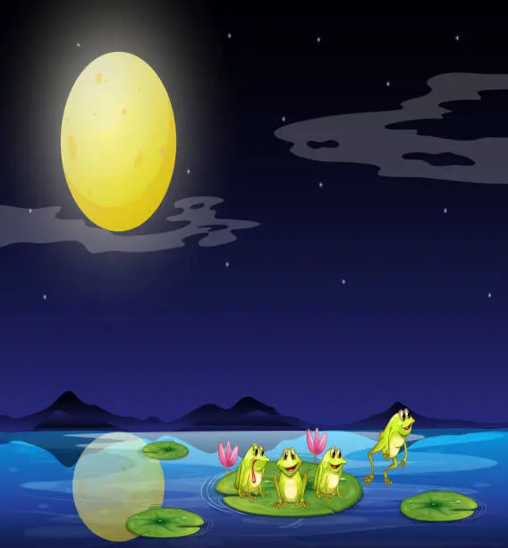 Vector illustration of Frogs at the waterlilies in river