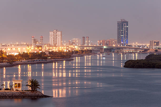 Ras Al Khaimah creek at dusk. Emirate of Ras Al Khaimah, United Arab Emirates