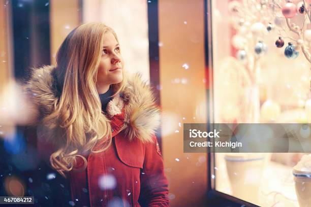 Girl Fashion Night City Lights Snow Purchase Sales Stock Photo - Download Image Now - 2015, Blond Hair, Horizontal