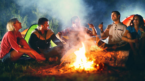 istock Group of young adult people camping. 467084522
