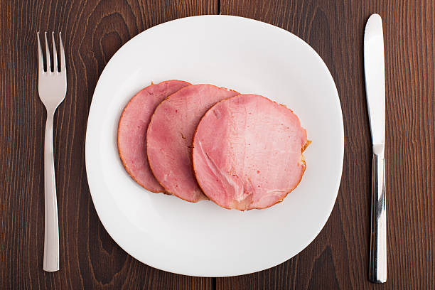 istock Slices of delicious ham on plate 467086247