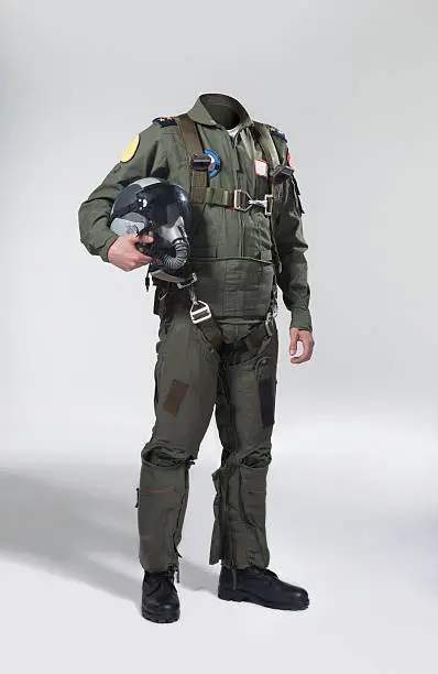 Fighter pilot's body without head to use for retouch.