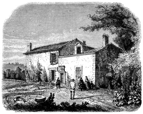 Antique illustration of Berquin's home in Langoiran, Bordeaux, France
