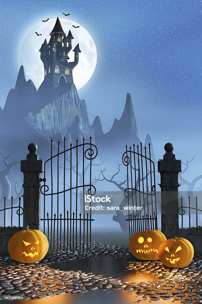 Halloween pumpkins next to a gate of a spooky castle An open gate guarded by jack-o'-lanterns leading to a spooky Halloween Castle high up in the mountains. Halloween Stock Photo