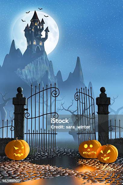 Halloween Pumpkins Next To A Gate Of A Spooky Castle Stock Photo - Download Image Now