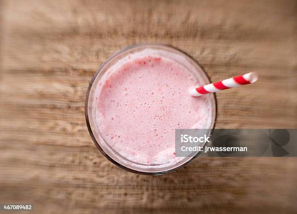 Aerial View Of A Strawberry Smoothie Stock Photo - Download Image Now - Milkshake, Pink Color, High Angle View