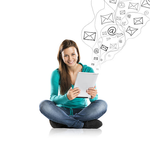 istock Girl sitting with tablet computer with Internet illustration 467090143