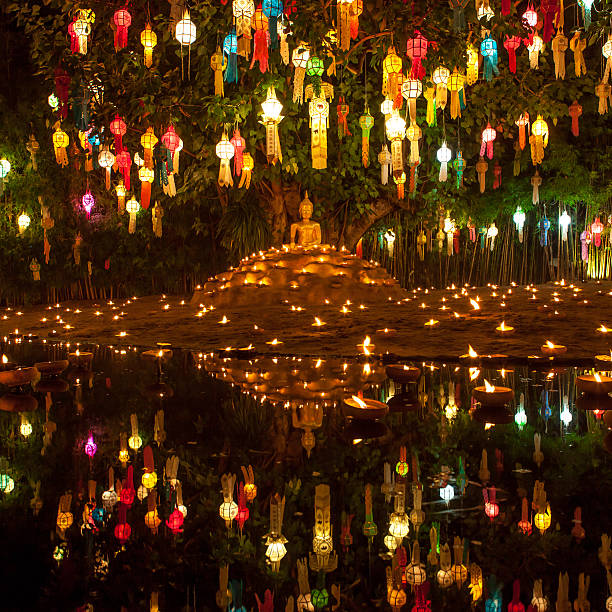 istock Buddha surranded by candles and colourful lanterns 467090396