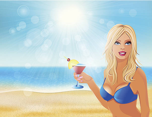 dziewczyna z kieliszek wina w dłoni na plaży - sensuality party sun sunlight stock illustrations
