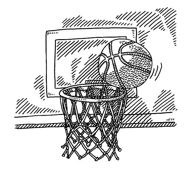 illustrazioni stock, clip art, cartoni animati e icone di tendenza di canestro da basket sul cestello vicino al punteggio disegno - hanging basket