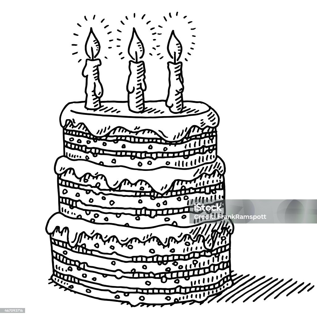 Big Birthday Cake With Three Candles On Top Drawing Stock ...