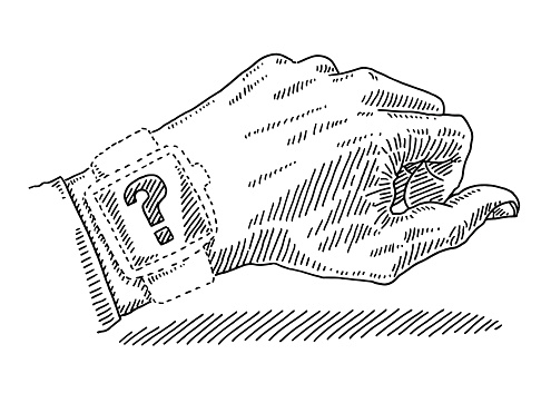 Hand-drawn vector drawing of a Dotted Shape Of A Watch And A Question Mark On The Wrist Of A Left Hand. Concept Image for a unknown smart watch product. Black-and-White sketch on a transparent background (.eps-file). Included files are EPS (v10) and Hi-Res JPG.