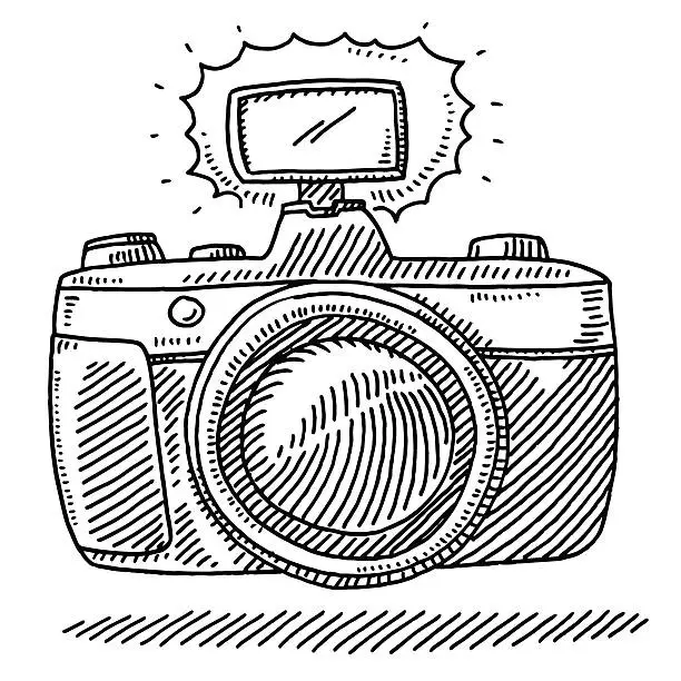 Vector illustration of Front View Of A Photo Camera And Flashlight Drawing