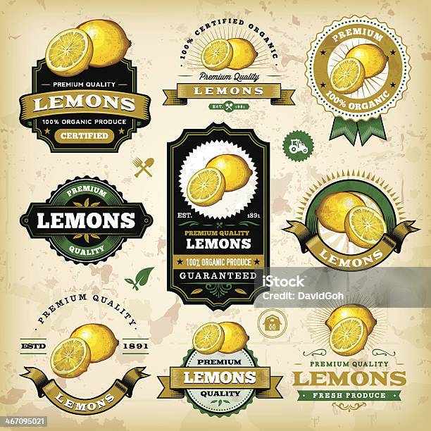 Ilustración de Vintage Etiquetas De Limón y más Vectores Libres de Derechos de Limón - Limón, Ilustración, Etiqueta