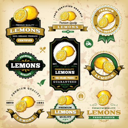A collection of vintage styled lemon labels. EPS 10 file, layered & grouped, with meshes and transparencies (shadows & overall effects only).