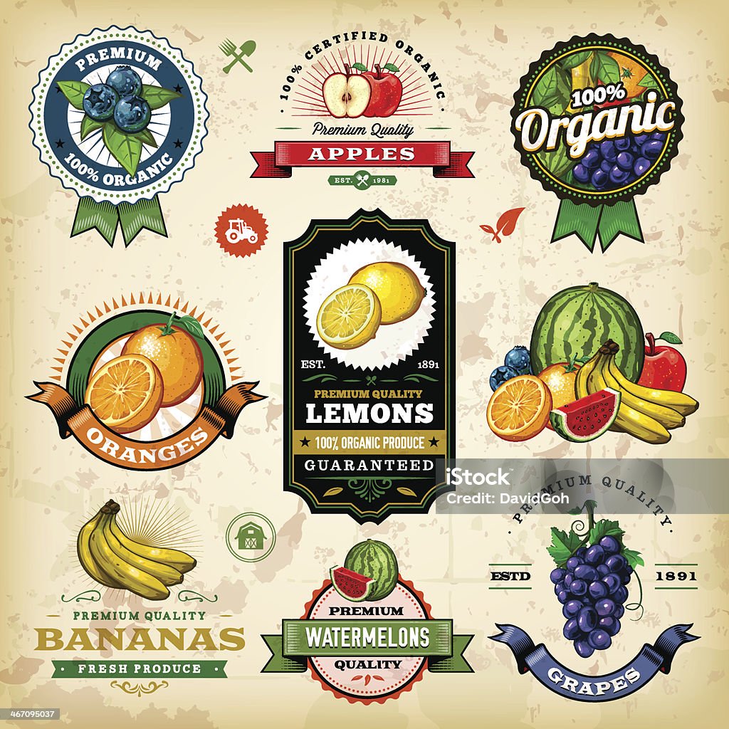 Assorted Fruit Labels A collection of assorted vintage styled fruit labels. EPS 10 file, layered & grouped, with meshes and transparencies (shadows & overall effects only). Fruit stock vector