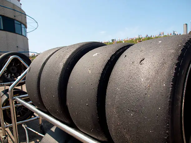 Race tires are stalled behind the pitlane during a race in Zandvoort, The Netherlands
