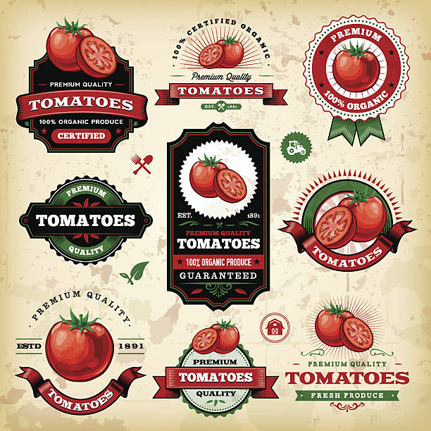 ilustraciones, imágenes clip art, dibujos animados e iconos de stock de vintage etiquetas de tomate - farmer salad