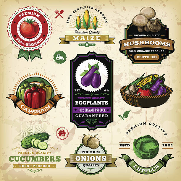 ilustraciones, imágenes clip art, dibujos animados e iconos de stock de surtido de verduras etiquetas - edible mushroom illustrations