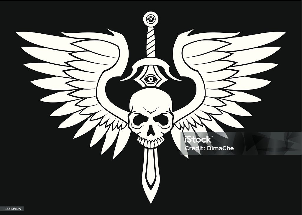 Winged skull tattoo Winged skull tattoo with sword. PNG file (3488x2482, 300 dpi) without black background is also included. Knife - Weapon stock vector