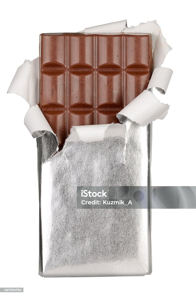 A partially unwrapped chocolate bar isolated on white Chocolate bar in foil isolated on white background. With clipping path Chocolate Bar Stock Photo