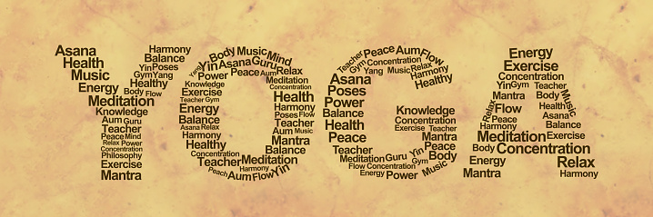 Yoga text textured with various keywords over grungy background
