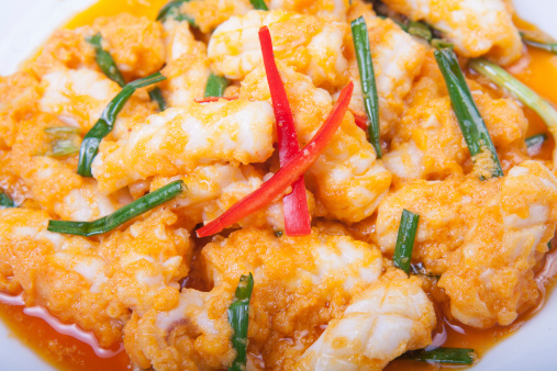 Fried squid with salted egg closeup