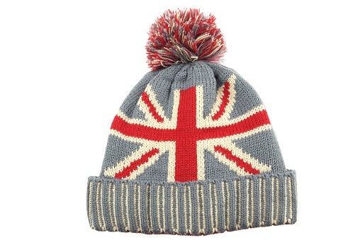 Single Winter Knitted Wool Ski Hat With Union Jack Flag Isolated On White Background Close-Up