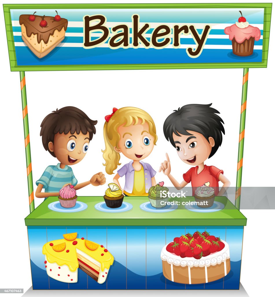 Trois enfants dans une boulangerie Tenez-vous debout avec des petits gâteaux - clipart vectoriel de Cupcake libre de droits