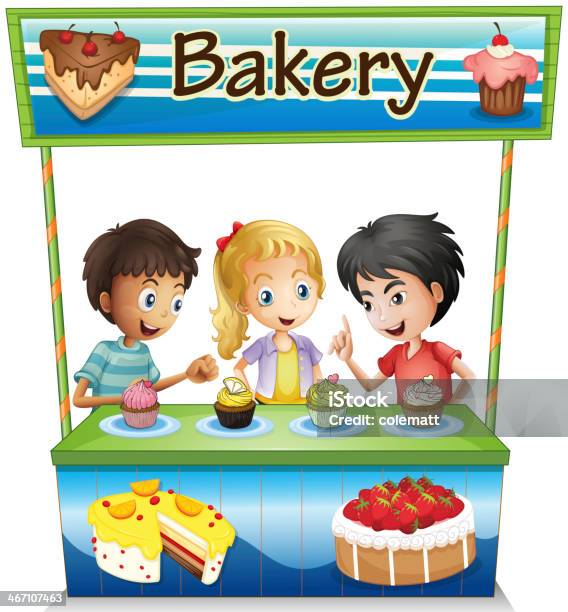 Vetores de Três Crianças Em Uma Padaria Fique De Pé Com Cupcakes e mais imagens de Bolinho