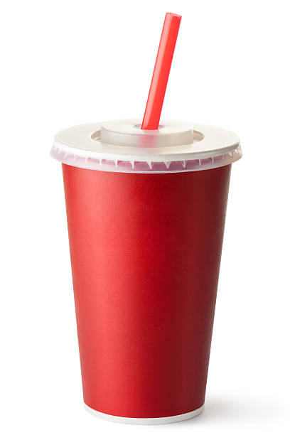 red cardboard cup with a straw - alcoholvrije drank stockfoto's en -beelden