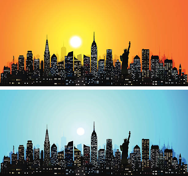 bildbanksillustrationer, clip art samt tecknat material och ikoner med new york skyline (complete, detailed, moveable buildings) - manhattan skyline sunset