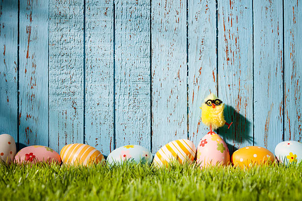 istock Easter Eggs on Old Blue Wood - Season Background 467108310