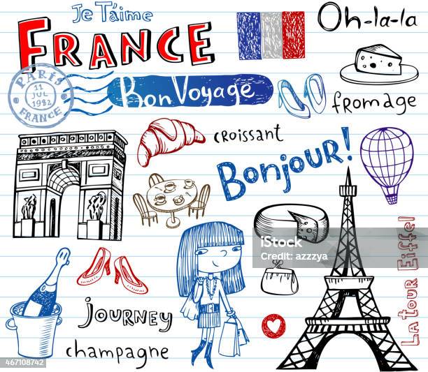 France Symbols As Funky Doodles Stock Illustration - Download Image Now - Arc de Triomphe - Paris, Doodle, Triumphal Arch