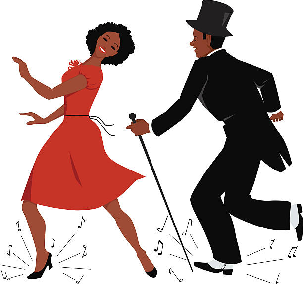 Black tap dance performers African-American couple dressed in retro style clothes dancing tap dance, music notes flying from under their feet, vector illustration, EPS 8 tapping stock illustrations