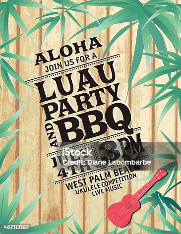 istock Aloha Hawaiian Party Invitation With Leaves And A Red Ukulele 467112162