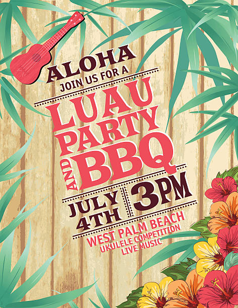 illustrazioni stock, clip art, cartoni animati e icone di tendenza di aloha hawaiian invito con ibisco e ukulele - aloha parola hawaiana