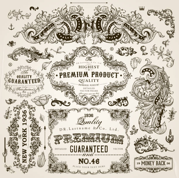 Vintage Frames, Scroll Elements and Floral Ornaments EPS10. Contains transparent objects. 19th century style stock illustrations