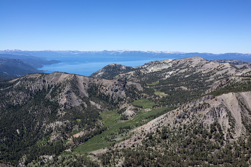 From the summit of Mt.Rose, hikers can view Lake Tahoe to the SouthWest.  Nevada, USA.
