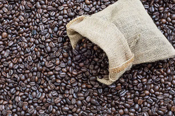 Burlap of coffee beans, on the coffee beans background