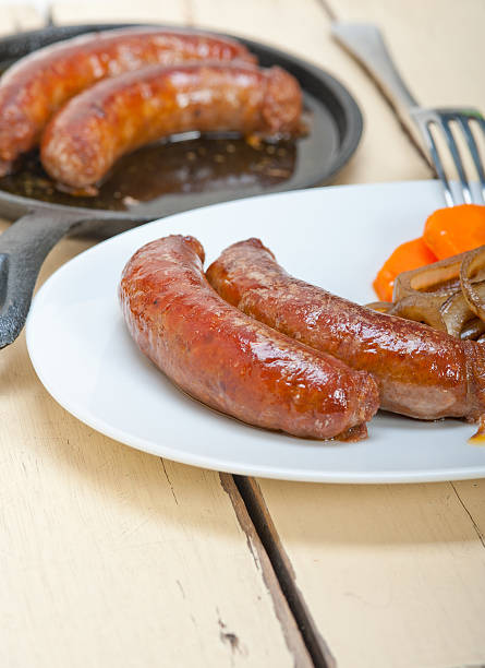 istock beef sausages cooked on iron skillet 467120466