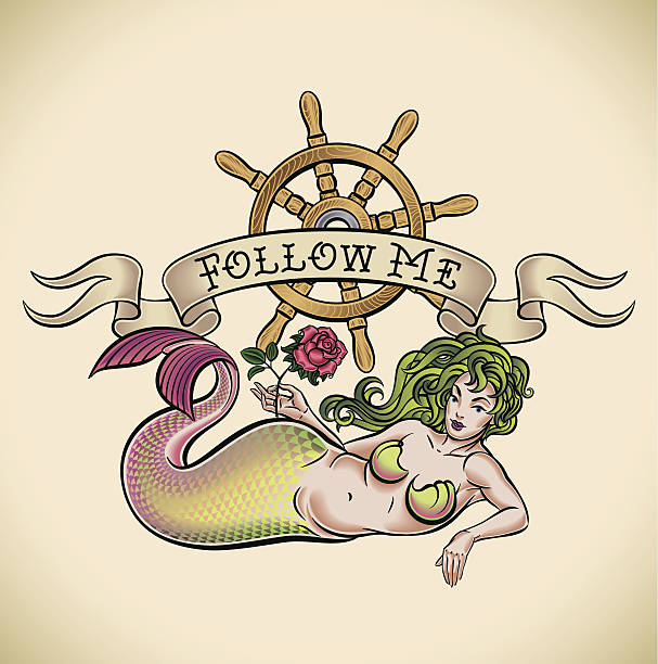 Green hair mermaid - Follow me Old-school styled tattoo of a green hair mermaid with a red rose, a nautical steering wheel and a banner. Editable vector illustration. black pin up girl tattoos stock illustrations