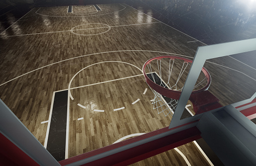 Indoor floodlit basketball arena full of spectators - full 3D