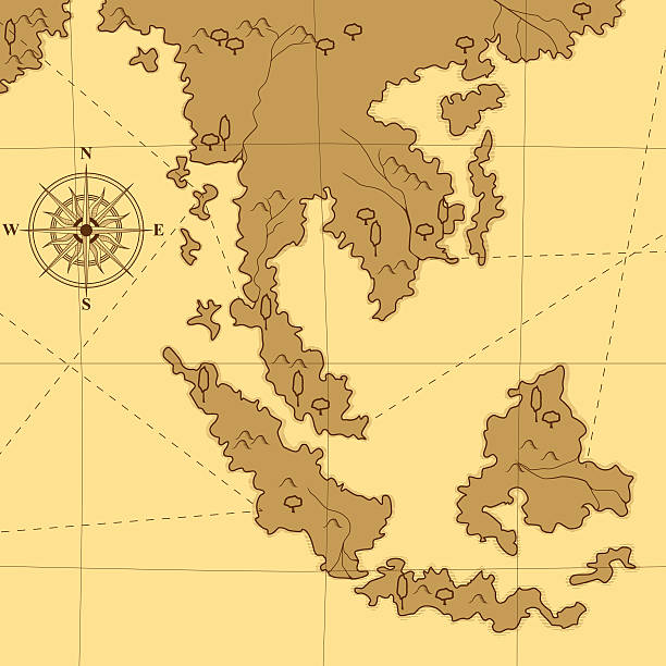 ilustraciones, imágenes clip art, dibujos animados e iconos de stock de antiguo mapa con brújula y árboles - nautical vessel compass map retro revival