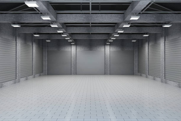 istock Modern Storehouse 3D Interior with Closed Metal Blinds 467136312