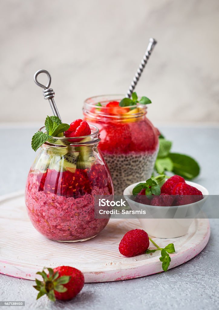 Chia seeds puddings Chia seeds puddings with berries and fruits for breakfast 2015 Stock Photo