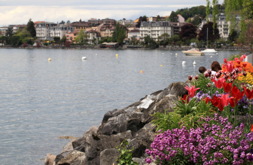 flowers and Lake Geneva, Montreux, Switzerland.