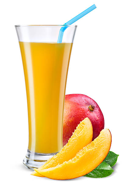 istock Glass of mango juice with fruit isolated on white. 467138828