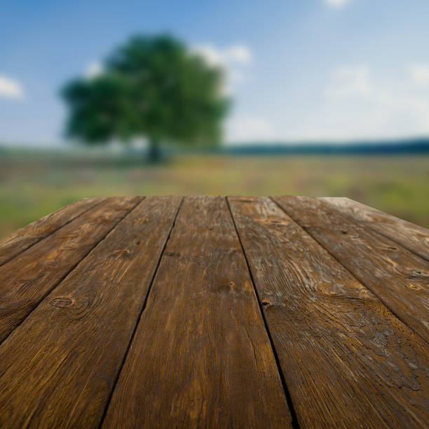 istock Wooden table outdoors with beautiful field background 467140370