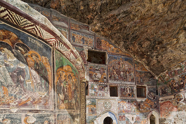 Ancient Paintings on the wall of Sumela Monastery The Sumela Monastery (Built in the 4th century) is an ancient Greek Orthodox monastery in the region of Macka, Trabzon, Turkey. sumela monastery stock pictures, royalty-free photos & images